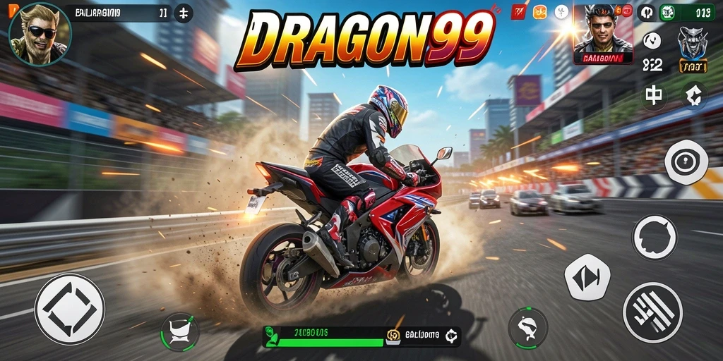 Screenshot gameplay DRAGON99 dengan aksi balapan motor yang mendebarkan.