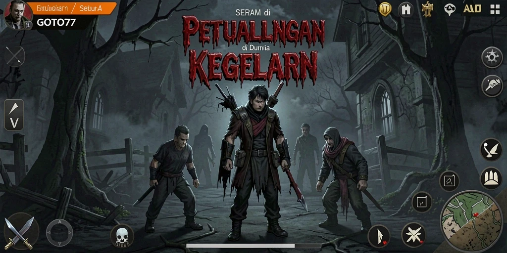 Tampilan gameplay GOTO77 dengan suasana mencekam dan makhluk menyeramkan.