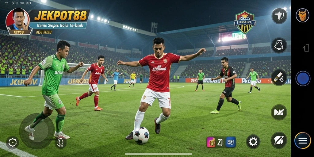 Screenshot gameplay JEKPOT88 menampilkan aksi sepak bola yang seru.