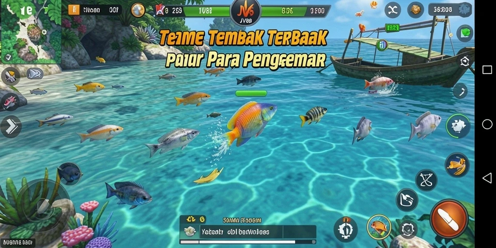 Screenshot gameplay penuh warna dari JV88 dengan ikan yang beragam.