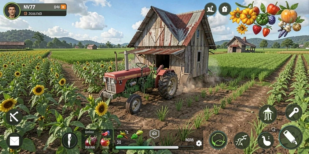 Screenshot gameplay NV77 menampilkan ladang yang subur dan hewan ternak.