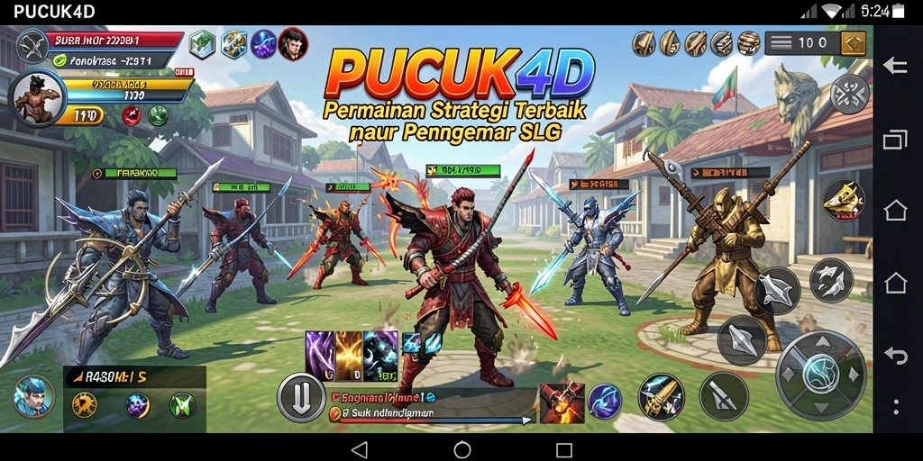 Tangkapan layar gameplay PUCUK4D menampilkan aksi pertarungan dan pembangunan kerajaan.