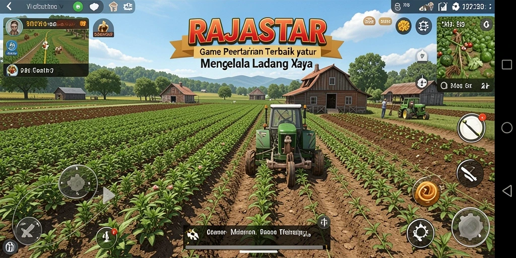 Tampilan gameplay menarik dalam RAJASTAR dengan ladang hijau dan aktivitas bertani.