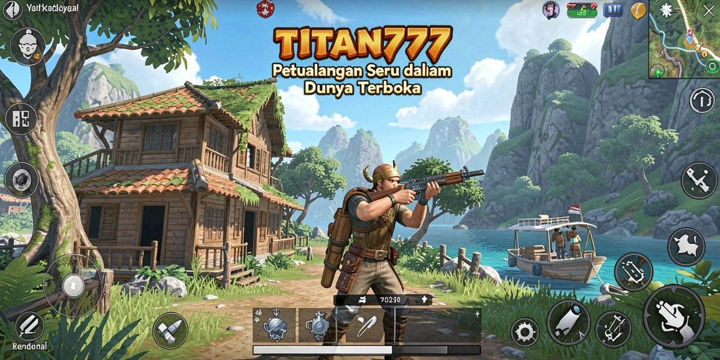 Screenshot utama TITAN777 menampilkan aksi eksplorasi seru di dunia terbuka.